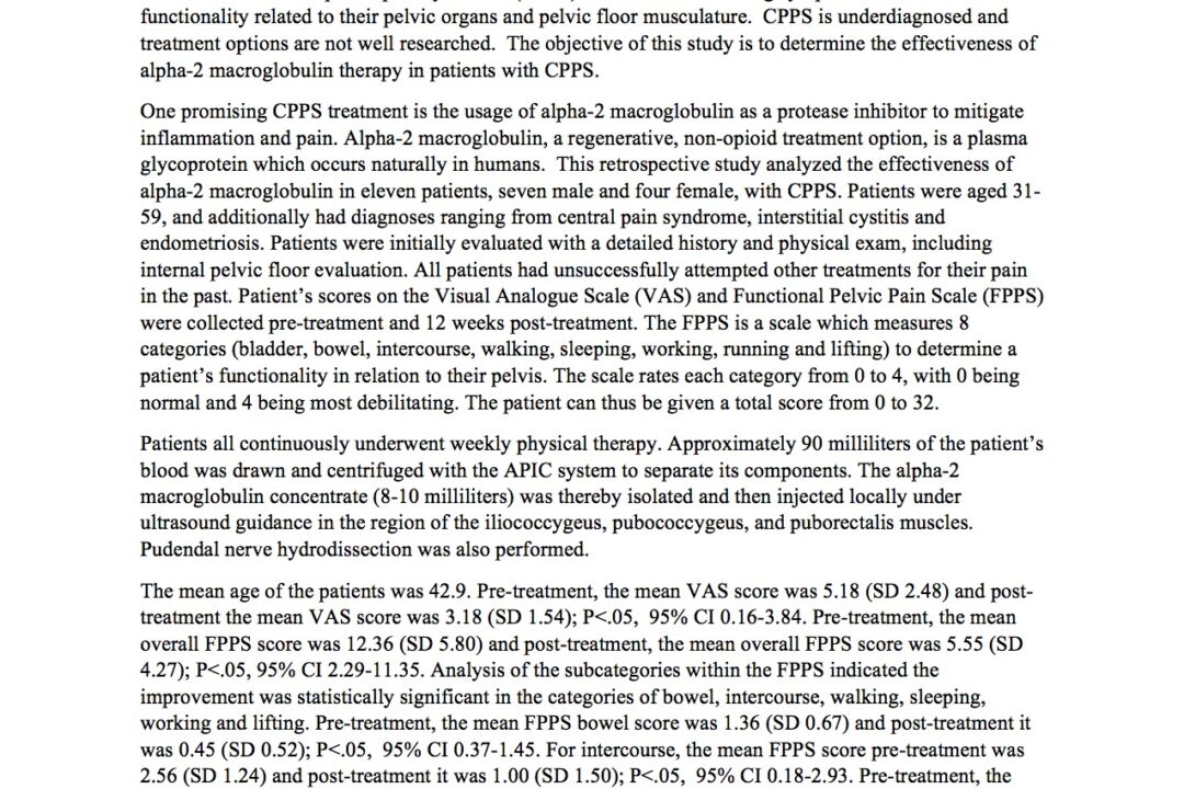 A Novel, Regenerative Treatment Approach for Patients with Chronic Pelvic Pain Syndrome Utilizing Alpha-2 Macroglobulin